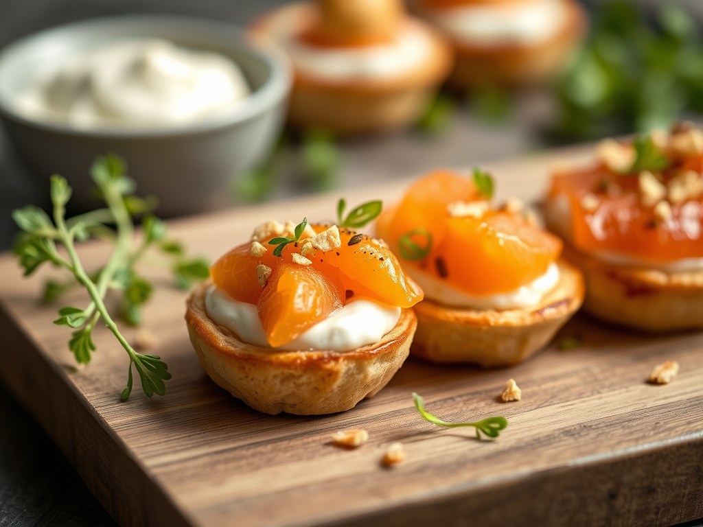 Mini-krieltjes met warmgerookte zalm en ricotta-yoghurtspread, AI-gegenereerde illustratie