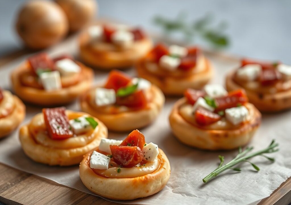 Mini pizzaatjes met feta en sucuk, AI-gegenereerde illustratie