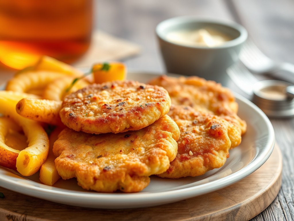 Mini-schnitzels met rauwe ham, snijboontjes en gebakken aardappeltjes, AI-gegenereerde illustratie