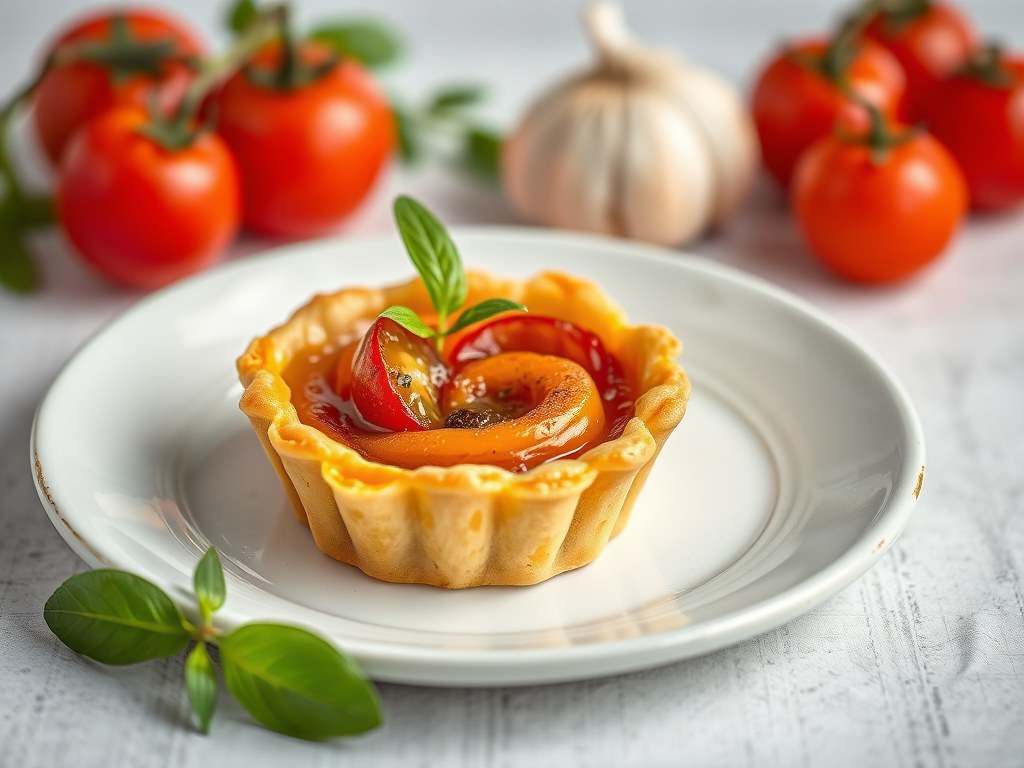 Mini tarte tatin met kerstomaten, AI-gegenereerde illustratie