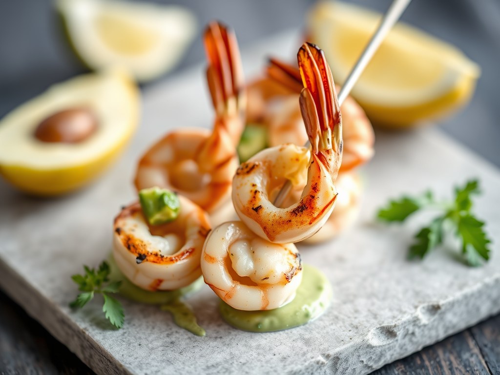 Minibrochettes met gegrilde scampis en saus van avocado en limoen, AI-gegenereerde illustratie