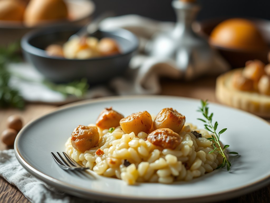 Minitorentjes met risotto en lompviseitjes, AI-gegenereerde illustratie