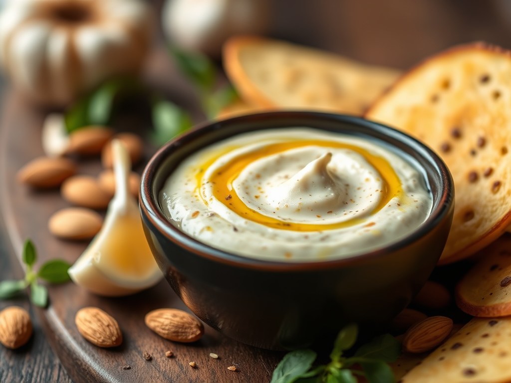 Mojo de almendra (amandel-knoflook dipsaus), AI-gegenereerde illustratie