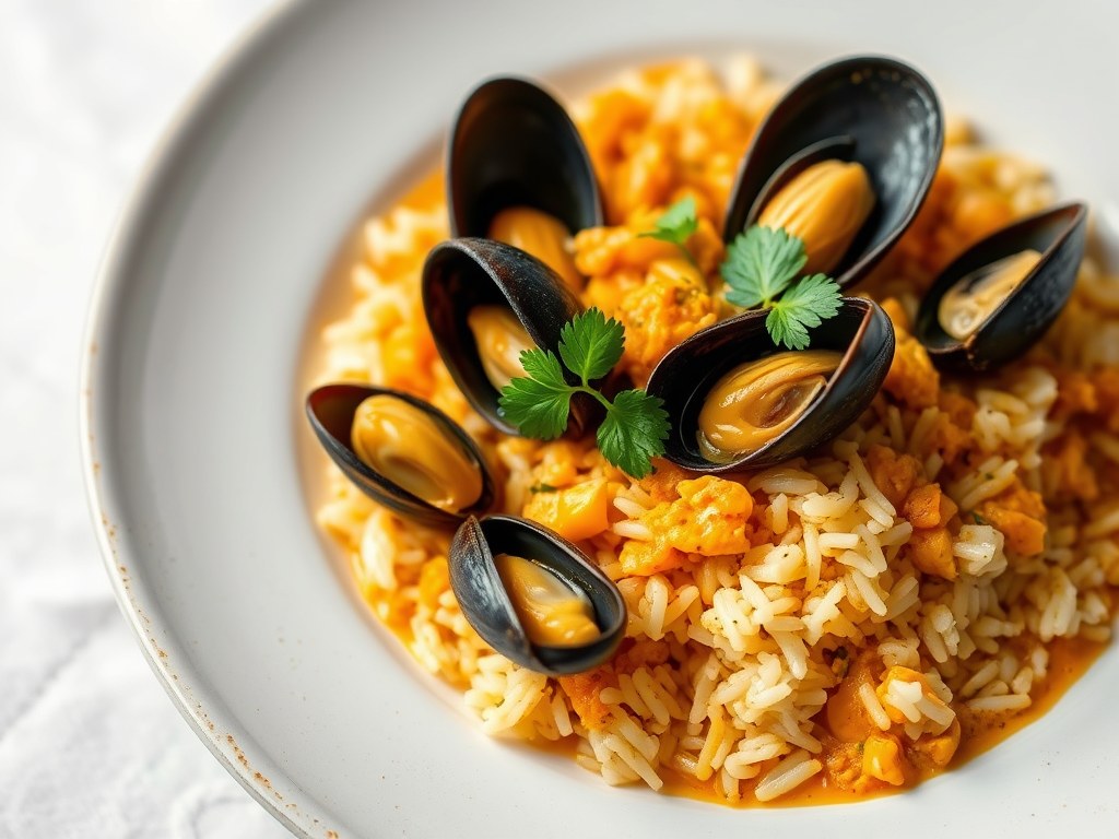 Mosselcurry met geurige rijst, AI-gegenereerde illustratie
