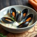 Mosselen in een crème van lente-uien