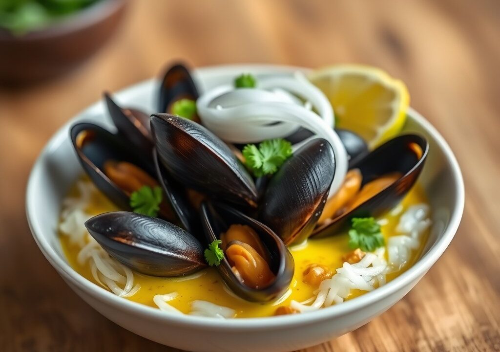 Mosselen in gele Thaise curry — AI-gegenereerde illustratie
