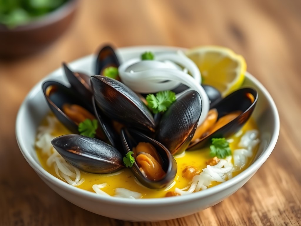 Mosselen in gele Thaise curry, AI-gegenereerde illustratie