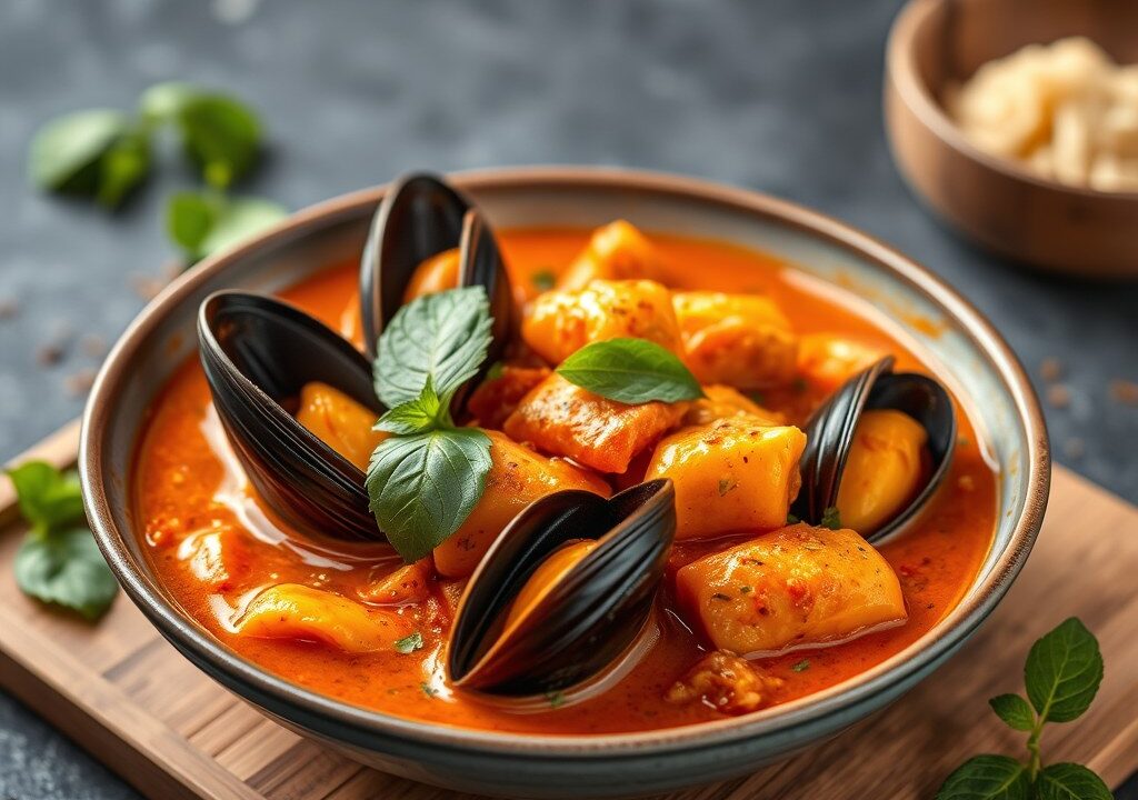 Mosselen in rode Thaise curry, AI-gegenereerde illustratie