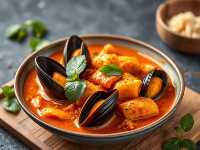 Mosselen in rode Thaise curry — AI-gegenereerde illustratie