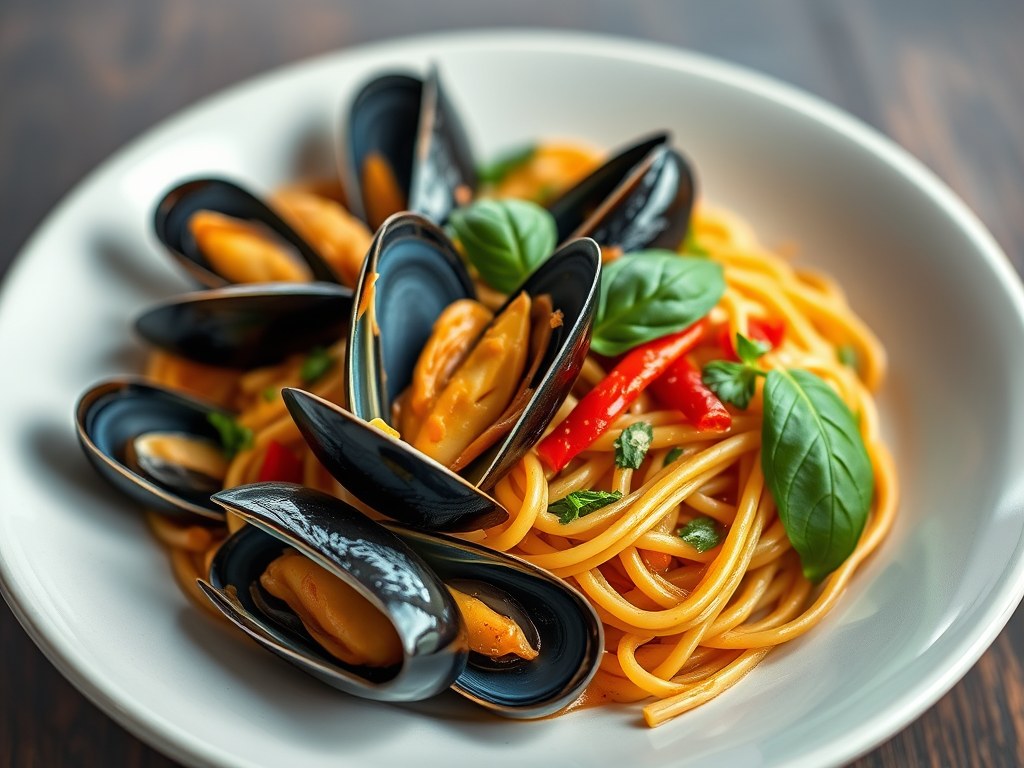 Mosselen in Thaise chili pasta, AI-gegenereerde illustratie