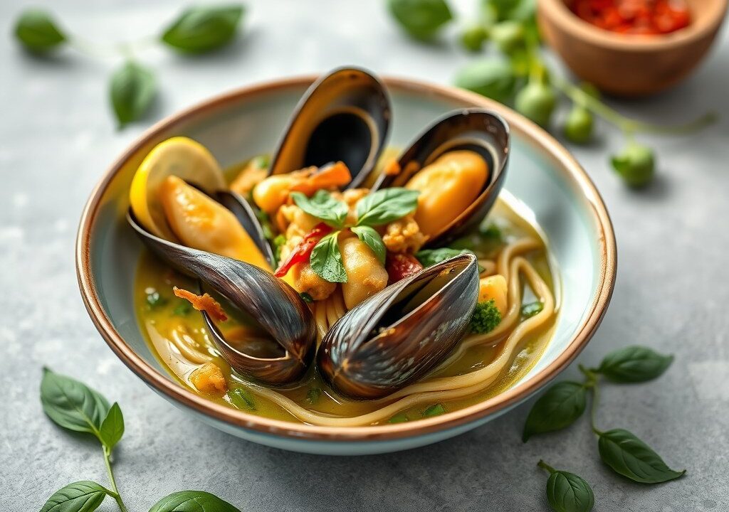 Mosselen in Thaise groene curry en basilicum, AI-gegenereerde illustratie