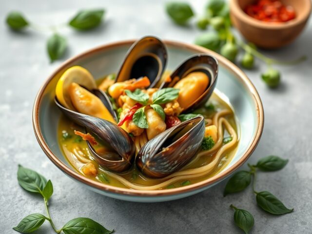 Mosselen in Thaise groene curry en basilicum — AI-gegenereerde illustratie
