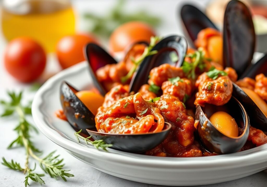 Mosselen à la Fra Diavolo, AI-gegenereerde illustratie