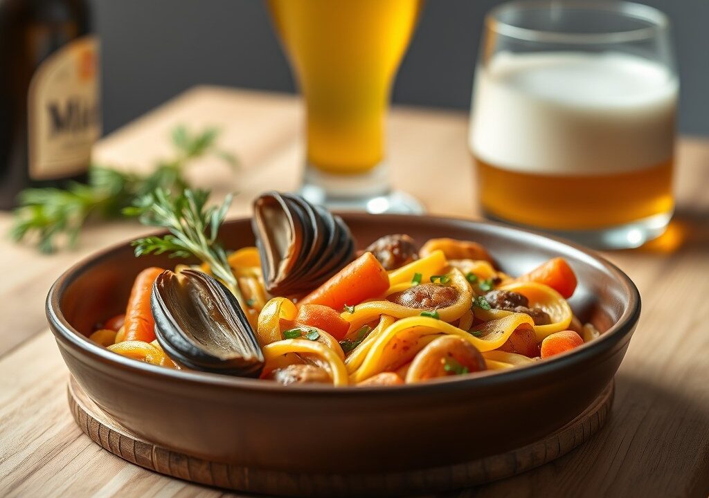 Mosselen met blond bier — AI-gegenereerde illustratie
