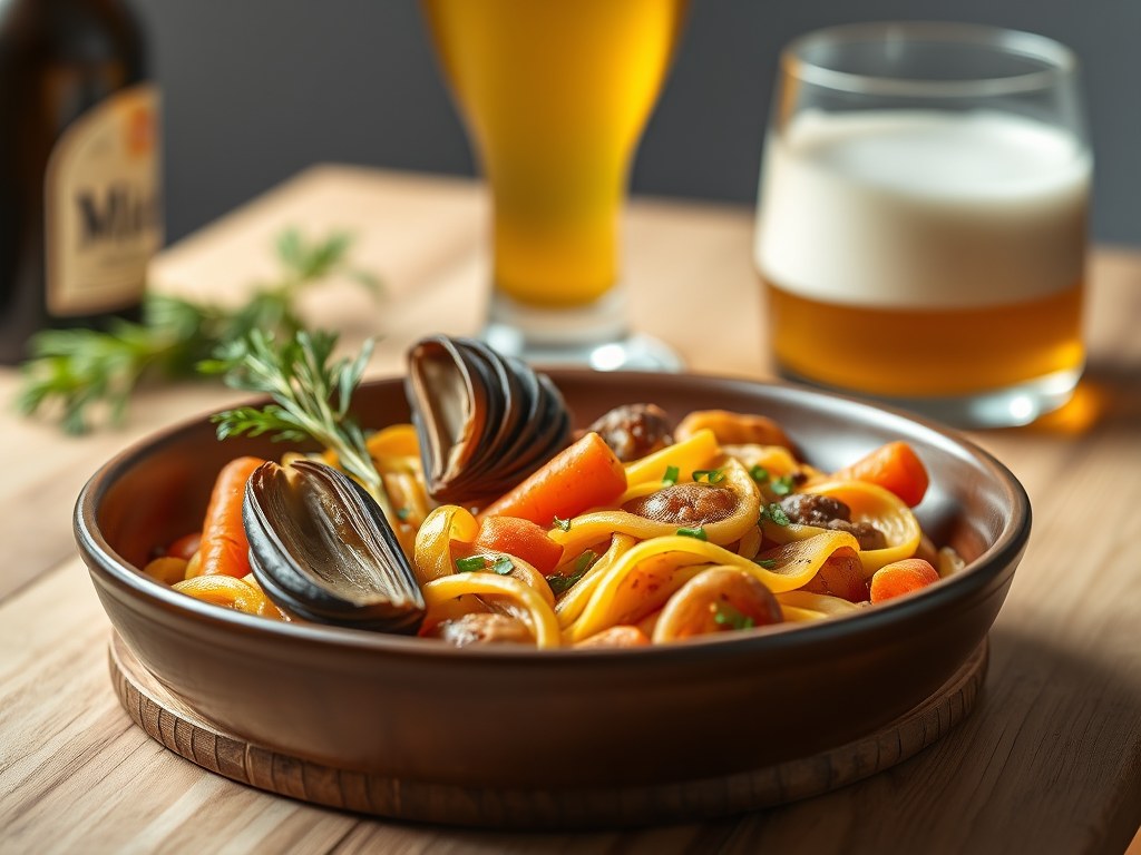 Mosselen met blond bier, AI-gegenereerde illustratie