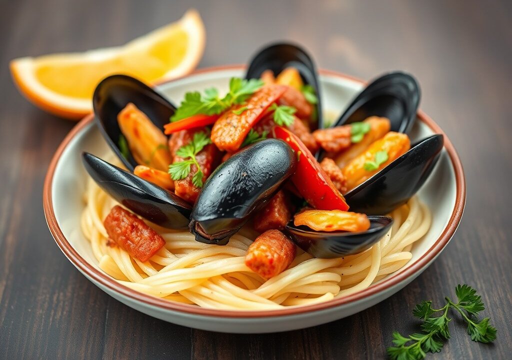 Mosselen met pikante chorizo — AI-gegenereerde illustratie
