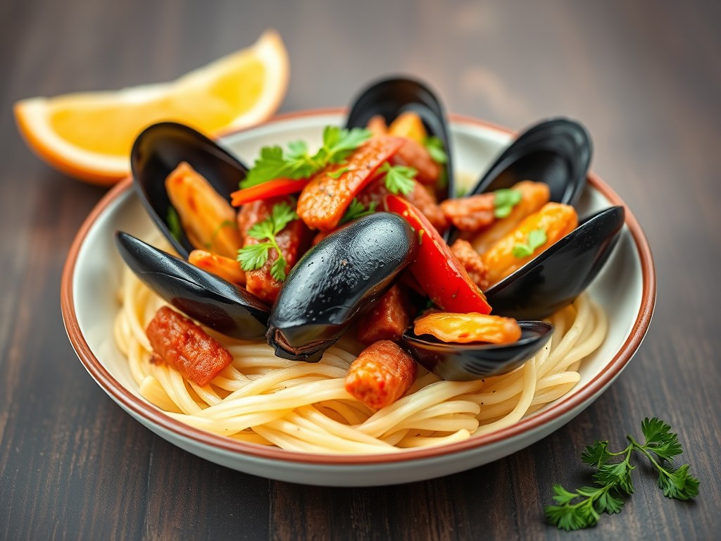 Mosselen met pikante chorizo, AI-gegenereerde illustratie