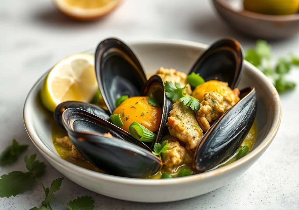 Mosselen met Thaise groene curry en kokos, AI-gegenereerde illustratie