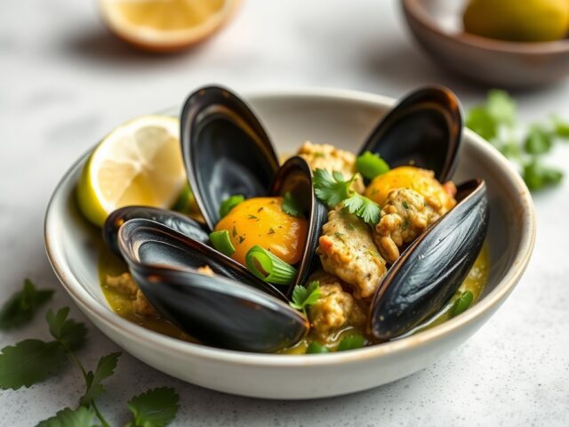 Mosselen met Thaise groene curry en kokos — AI-gegenereerde illustratie