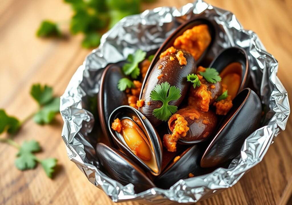 Mosselen met Thaise rode curry in aluminum folie — AI-gegenereerde illustratie