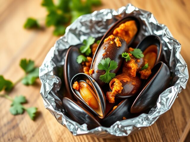Mosselen met Thaise rode curry in aluminum folie — AI-gegenereerde illustratie