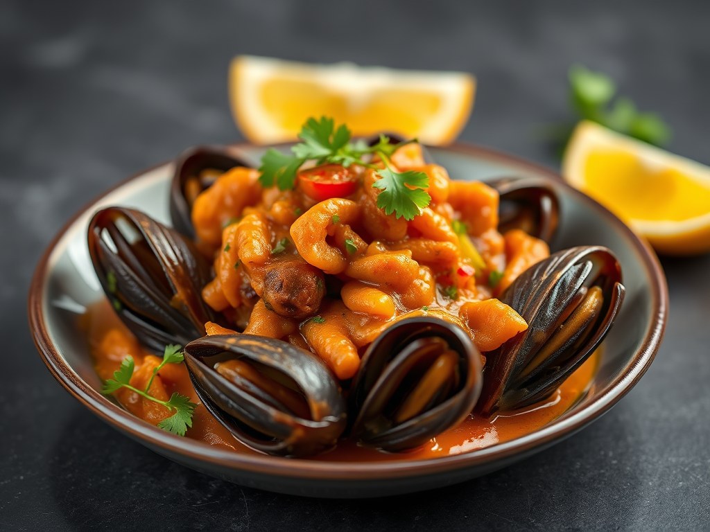 Mosselen uit Wit-Bier met een Rode Curry Saus, AI-gegenereerde illustratie