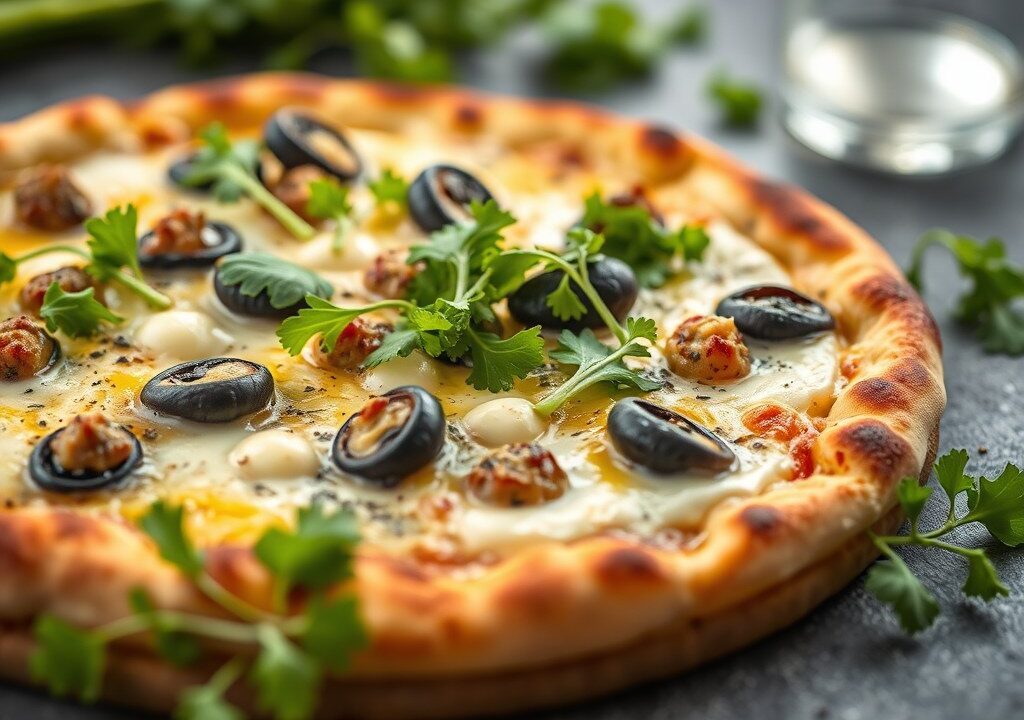 Mosselpizza met rucola, AI-gegenereerde illustratie