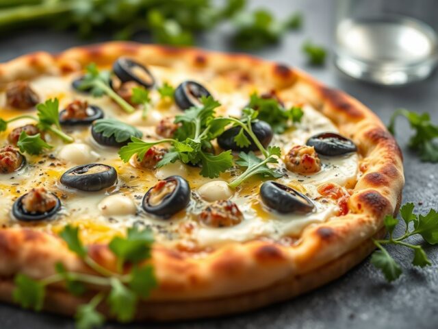 Mosselpizza met rucola — AI-gegenereerde illustratie