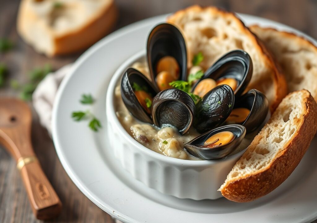 Mosselpotje met brood, AI-gegenereerde illustratie