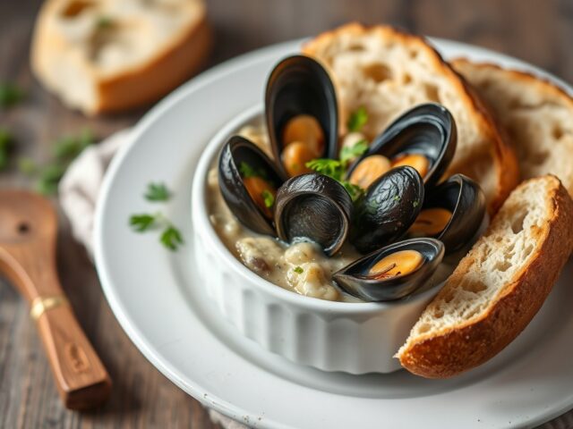Mosselpotje met brood — AI-gegenereerde illustratie