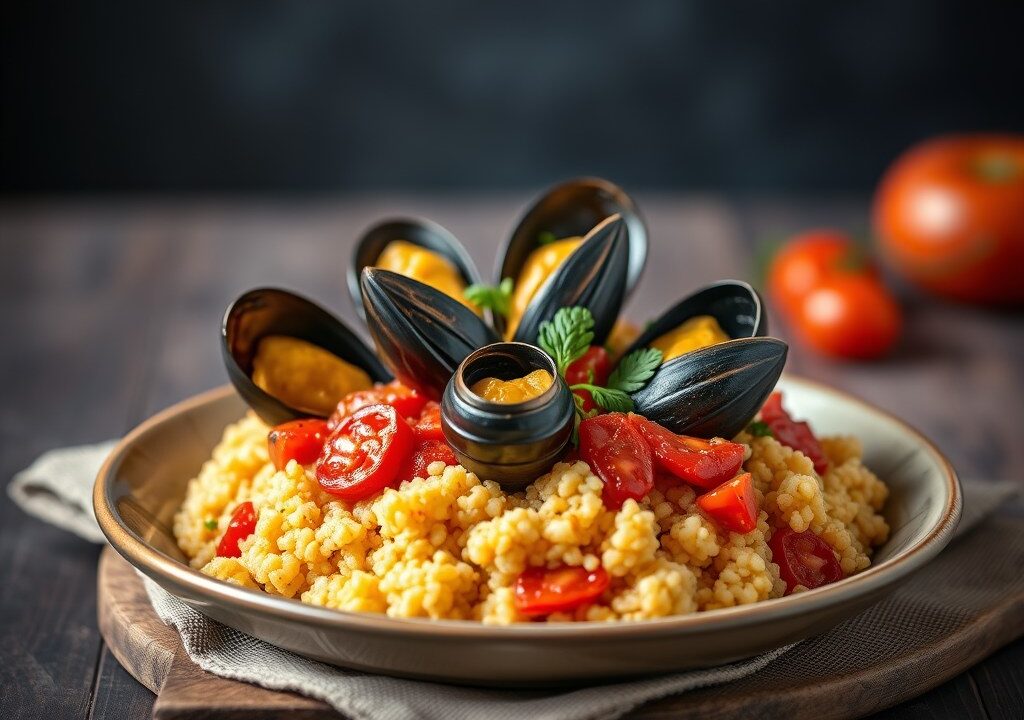 Mosseltajine met muntcouscous — AI-gegenereerde illustratie