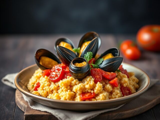 Mosseltajine met muntcouscous — AI-gegenereerde illustratie