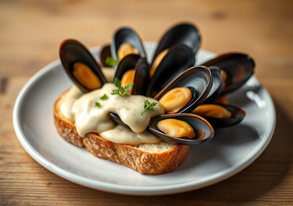 Mosseltoast met kruidenmayonaise, AI-gegenereerde illustratie