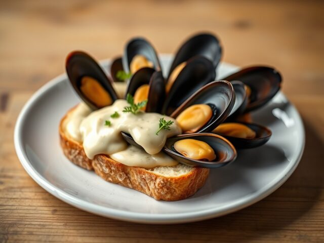 Mosseltoast met kruidenmayonaise — AI-gegenereerde illustratie