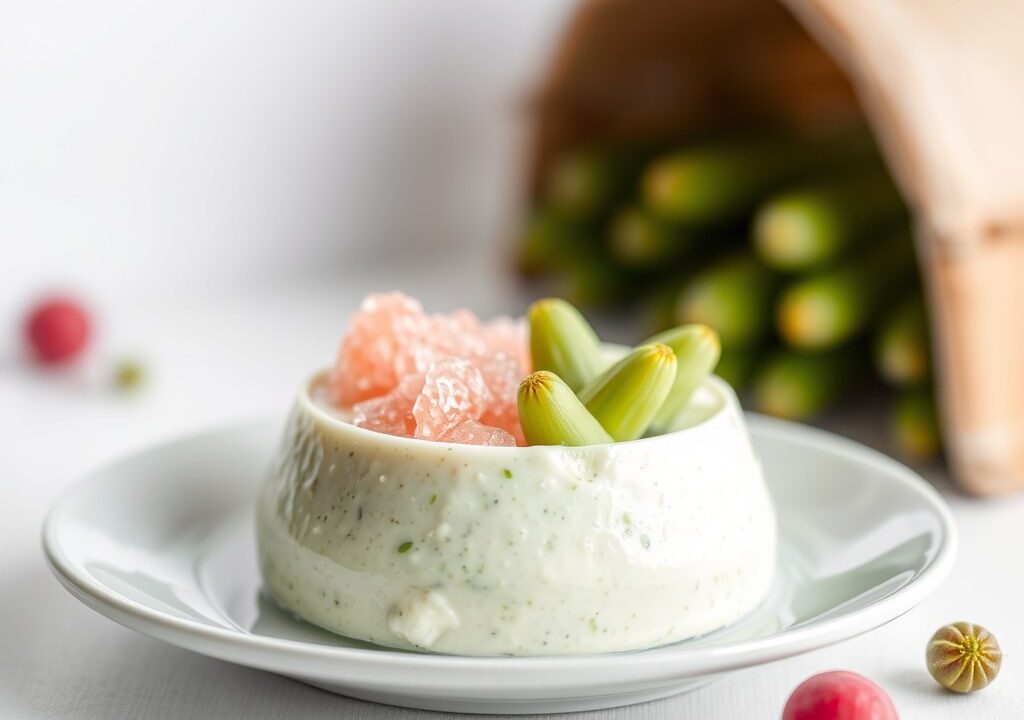 Mousse van asperge met granité van roze Florida pompelmoes, AI-gegenereerde illustratie