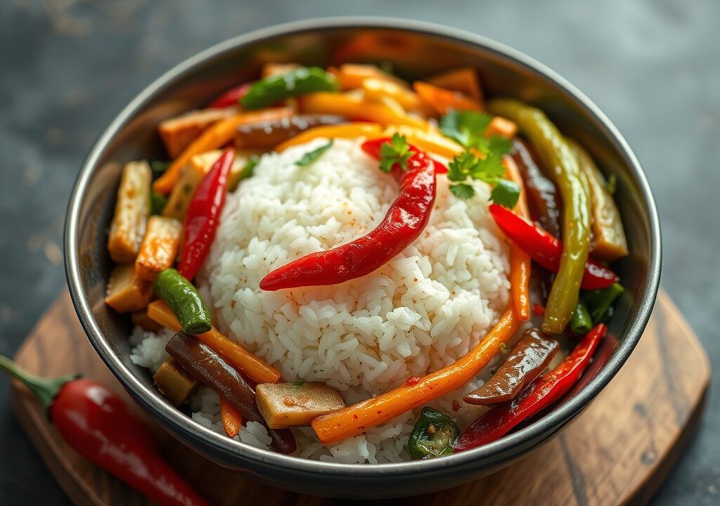 Nasi met groente en pinda’s, AI-gegenereerde illustratie