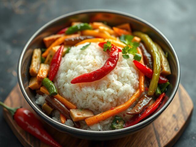 Nasi met groente en pinda’s — AI-gegenereerde illustratie