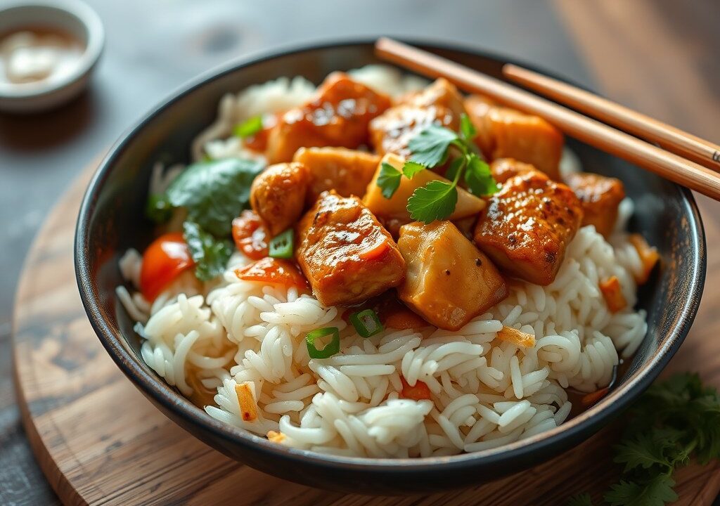 Nasi met kip in ketjapsaus — AI-gegenereerde illustratie