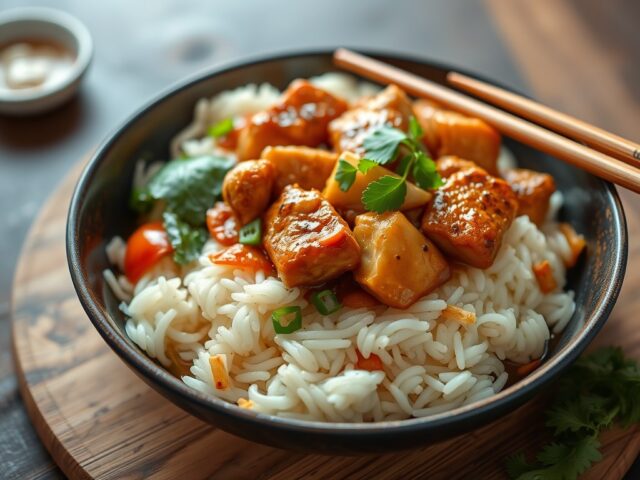 Nasi met kip in ketjapsaus — AI-gegenereerde illustratie