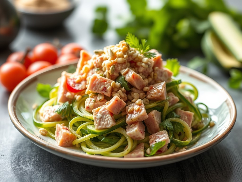 Noedelsalade met tonijn, AI-gegenereerde illustratie