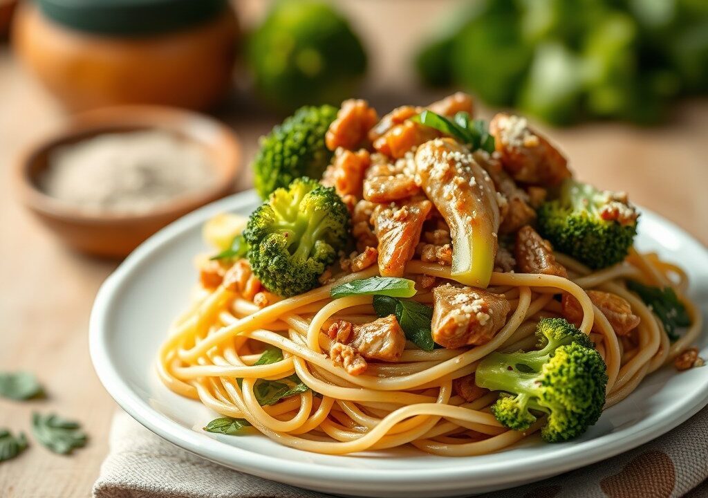 Noodles met broccoli — AI-gegenereerde illustratie