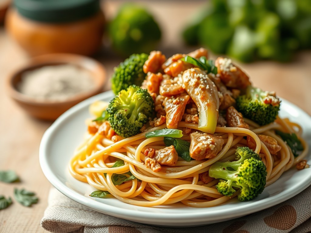 Noodles met broccoli, AI-gegenereerde illustratie