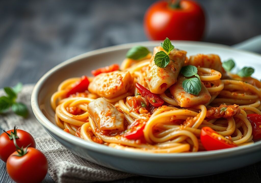 Noodles met kabeljauw in tomatensaus, AI-gegenereerde illustratie