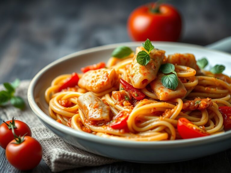 Noodles met kabeljauw in tomatensaus — AI-gegenereerde illustratie