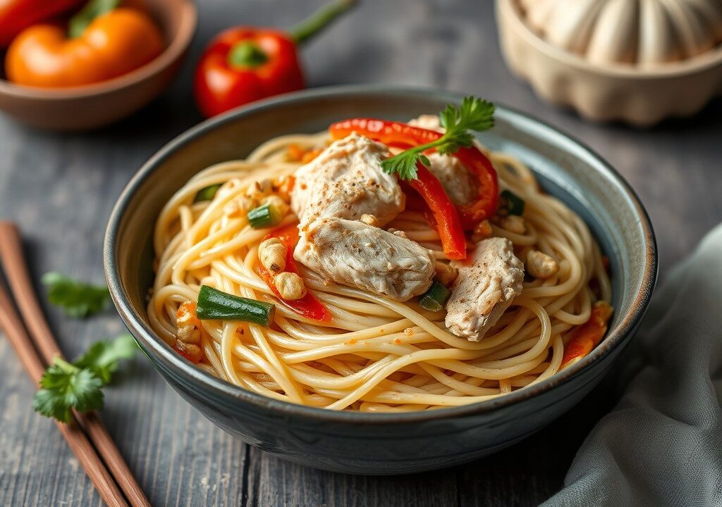 Noodles met kip, prei en paprika, AI-gegenereerde illustratie