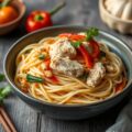 Noodles met kip, prei en paprika