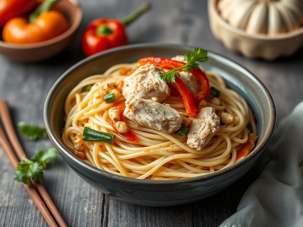 Noodles met kip, prei en paprika, AI-gegenereerde illustratie