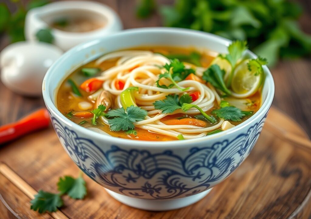 Noodlesoep met Thaise kruiden, AI-gegenereerde illustratie