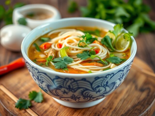 Noodlesoep met Thaise kruiden — AI-gegenereerde illustratie
