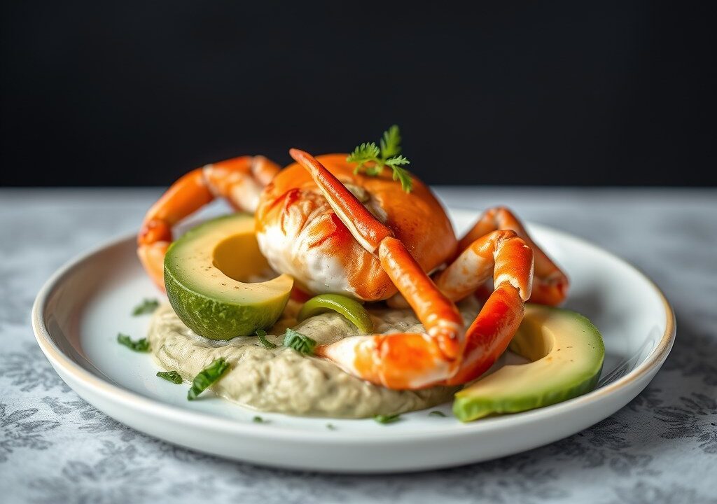 Noordzeecrab met witlof en Avocado, AI-gegenereerde illustratie
